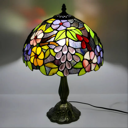 Grape & Daisy Pattern Tiffany Glass Tabletop Lamp - No Bulb - Table Lamp