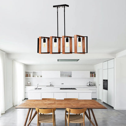 4 Light Kitchen Island Lights Pendant Light Farmhouse Dining Room Light Fixture Rustic Wood And Black Metal Rectangular