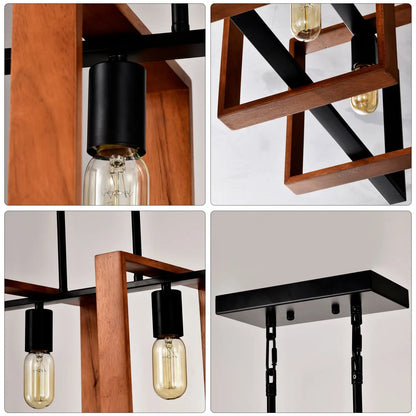 4 Light Kitchen Island Lights Pendant Light Farmhouse Dining Room Light Fixture Rustic Wood And Black Metal Rectangular