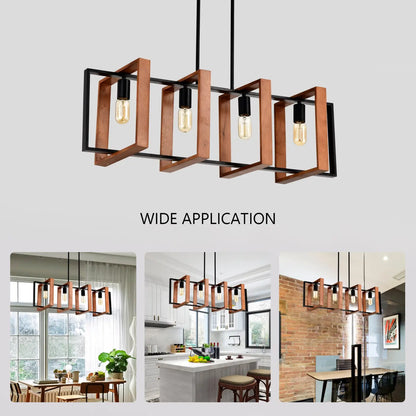 4 Light Kitchen Island Lights Pendant Light Farmhouse Dining Room Light Fixture Rustic Wood And Black Metal Rectangular