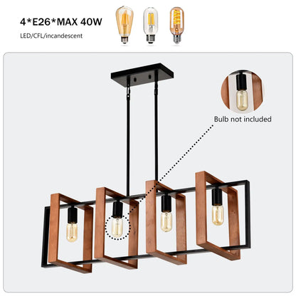 4 Light Kitchen Island Lights Pendant Light Farmhouse Dining Room Light Fixture Rustic Wood And Black Metal Rectangular
