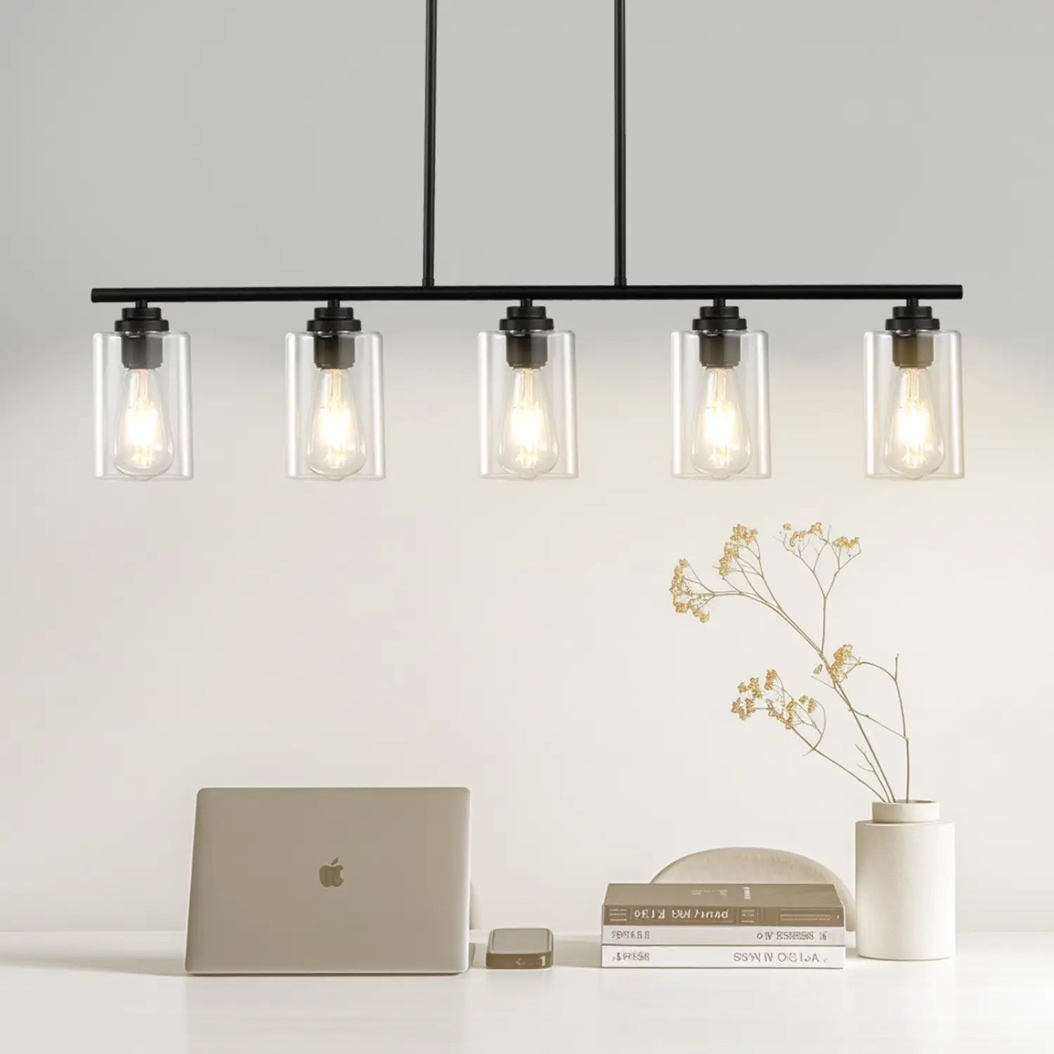 VEVOR 5 Light Kitchen Island Pendant Lights 60W Adjustable Dining Room Light E26 Black 12V Hanging Light