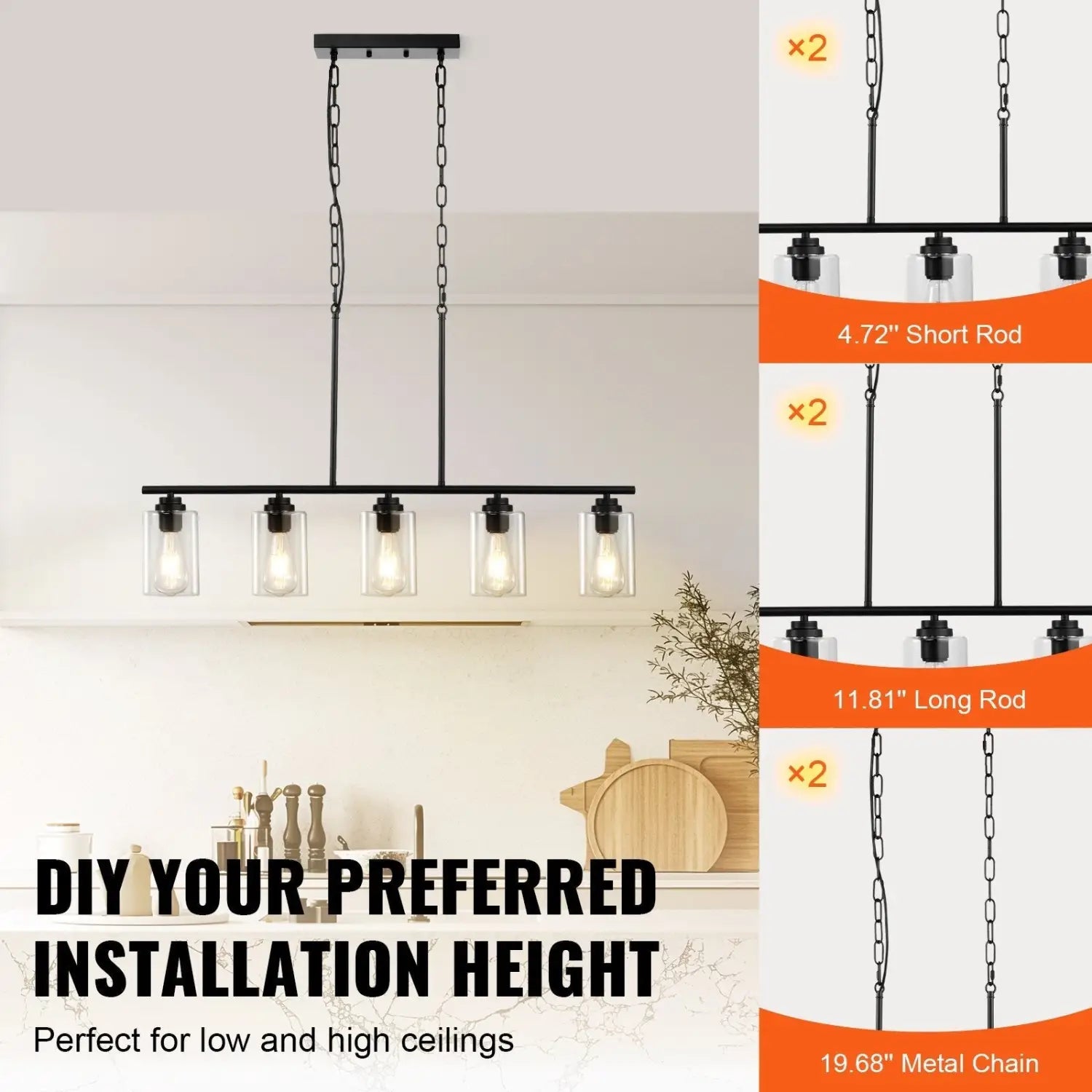 VEVOR 5 Light Kitchen Island Pendant Lights 60W Adjustable Dining Room Light E26 Black 12V Hanging Light