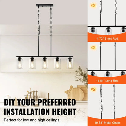 VEVOR 5 Light Kitchen Island Pendant Lights 60W Adjustable Dining Room Light E26 Black 12V Hanging Light
