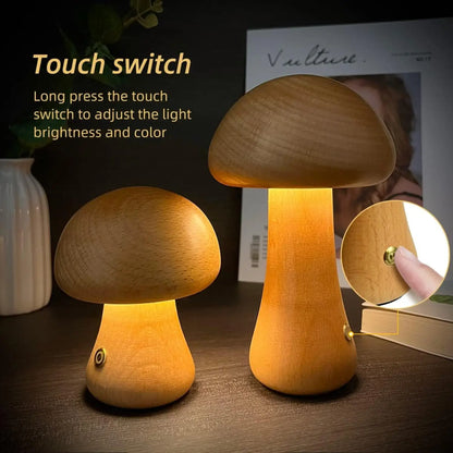 INS Wooden Cute Mushroom LED Night Lamps With Touch Switch - Table Lamp
