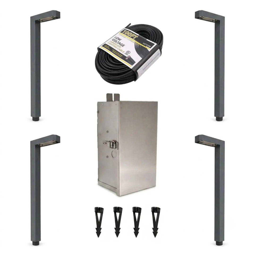 Ironsmith Estate Series™ Solid Brass Path Light Complete 4-Light 12V Landscape Lighting Kit with LED 50W Transformer