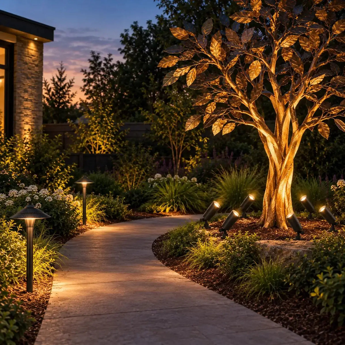 ISL 12V Die-Cast Brass Landscape Lighting LED Kit (6 Spotlights 2 Path Lights) | 150W Multi-Tap Transformer with Timer
