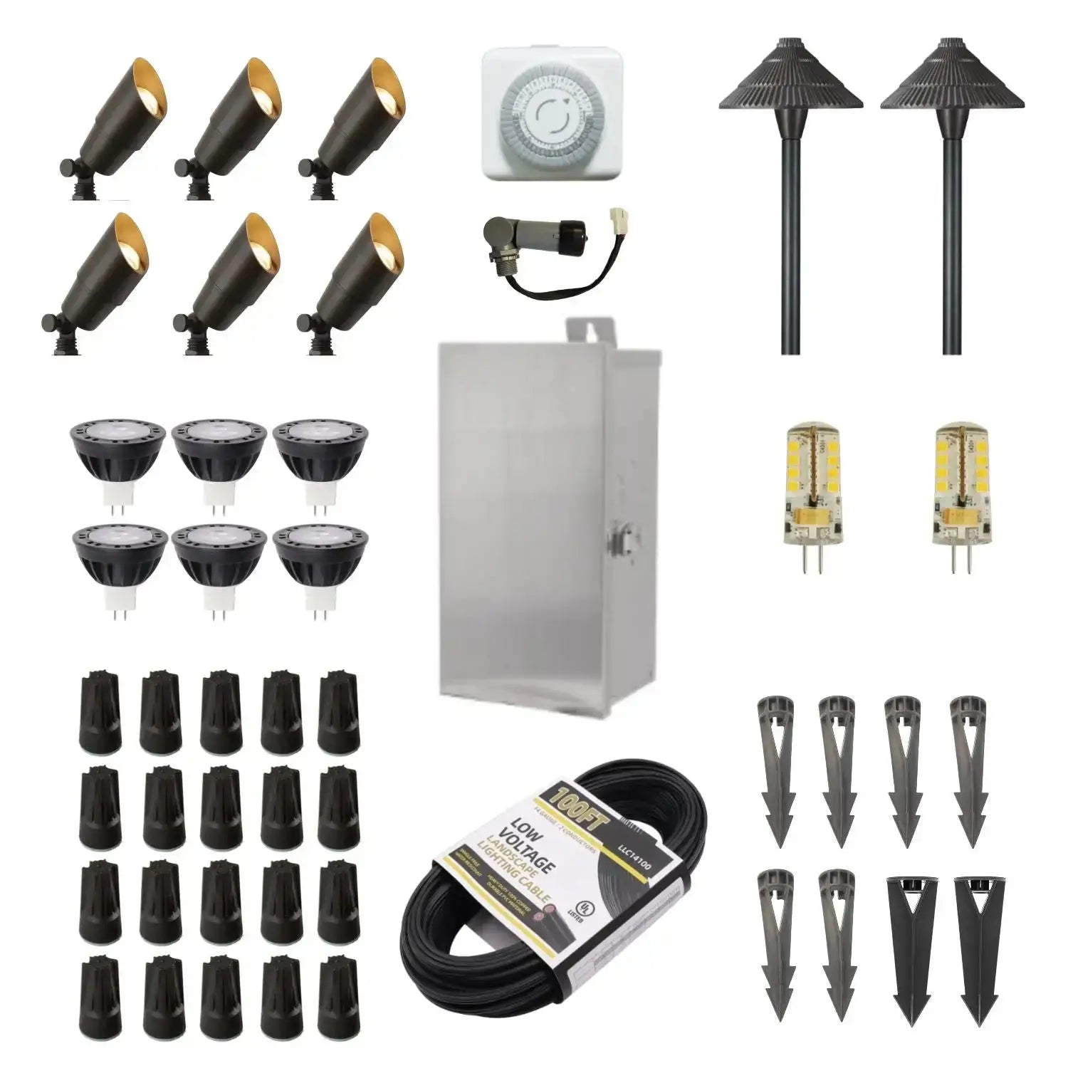 ISL 12V Die-Cast Brass Landscape Lighting LED Kit (6 Spotlights 2 Path Lights) | 150W Multi-Tap Transformer with Timer