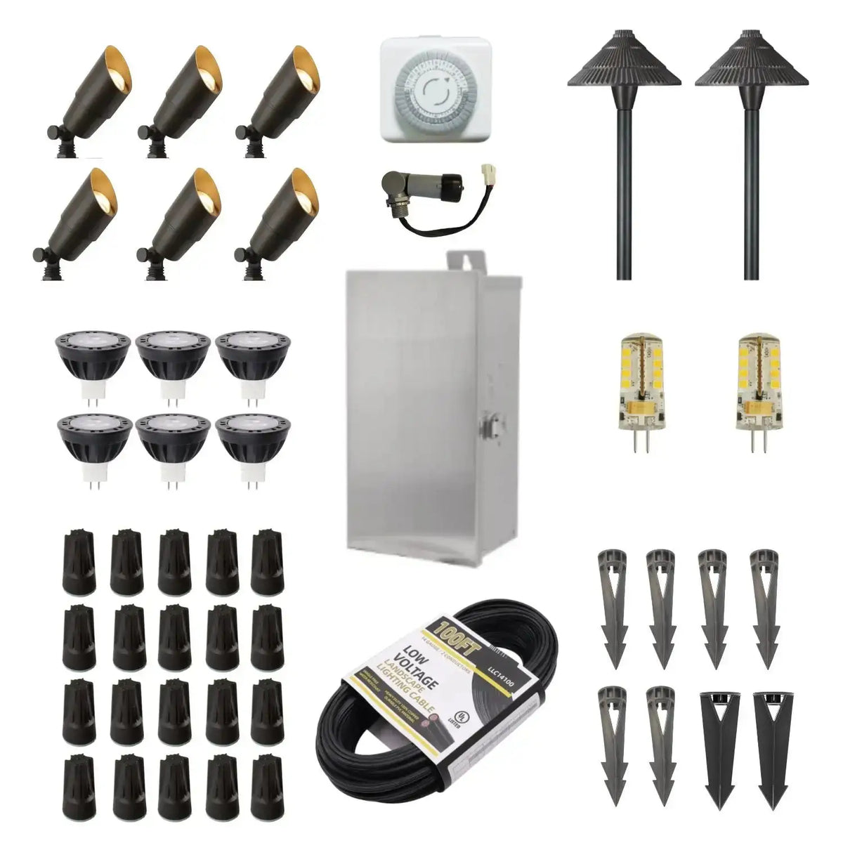 ISL 12V Die-Cast Brass Landscape Lighting LED Kit (6 Spotlights 2 Path Lights) | 150W Multi-Tap Transformer with Timer
