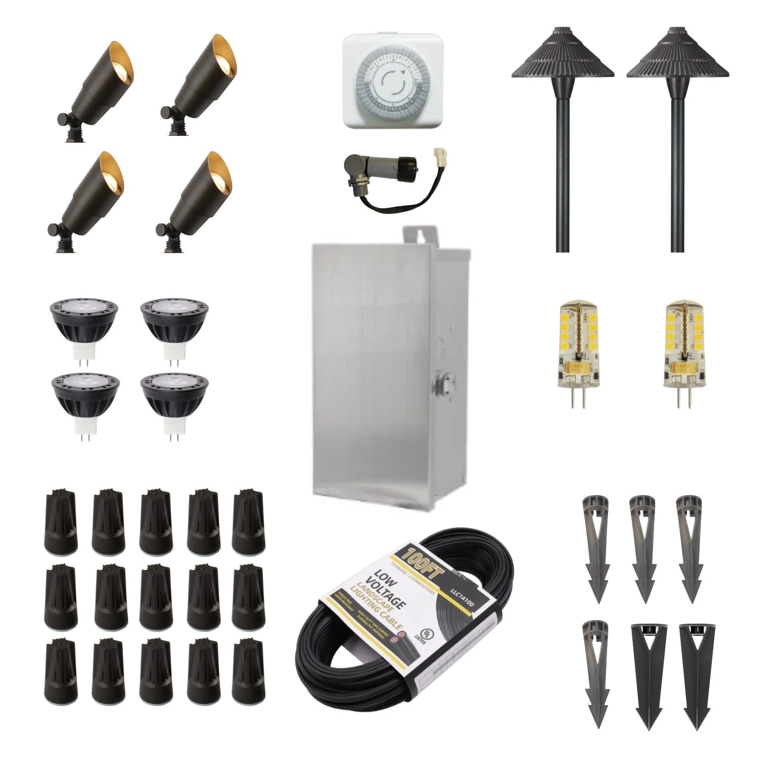 ISL 12V Die-Cast Brass Landscape Lighting LED Light Kit (4 Spotlights 2 Path Lights) | 150W Transformer with Timer