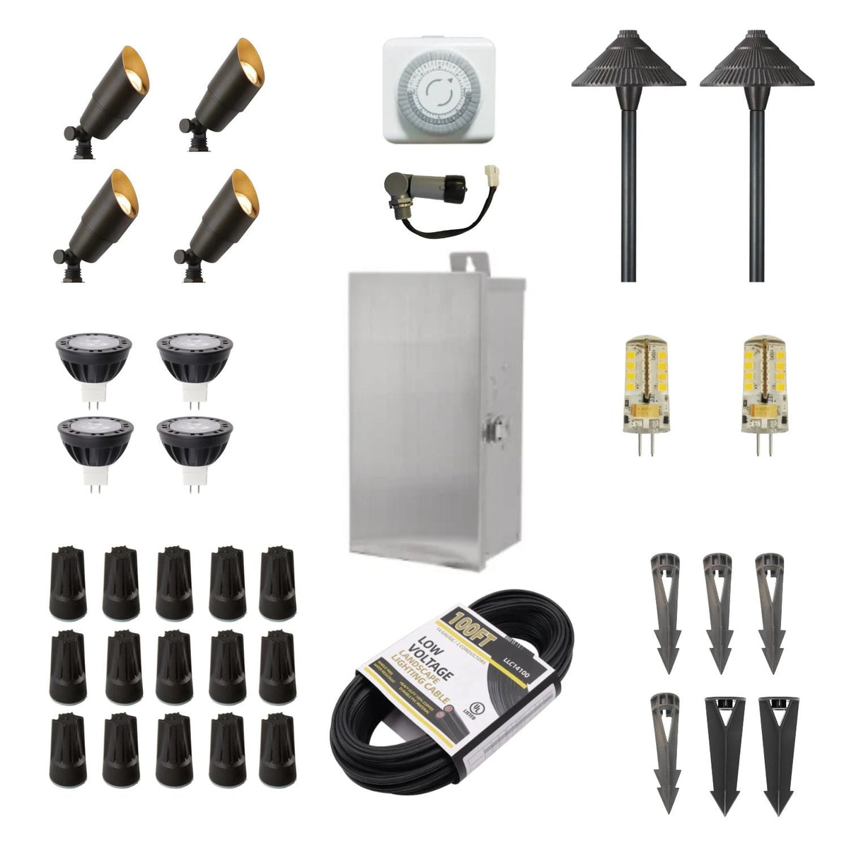 ISL 12V Die-Cast Brass Landscape Lighting LED Light Kit (4 Spotlights 2 Path Lights) | 150W Transformer with Timer