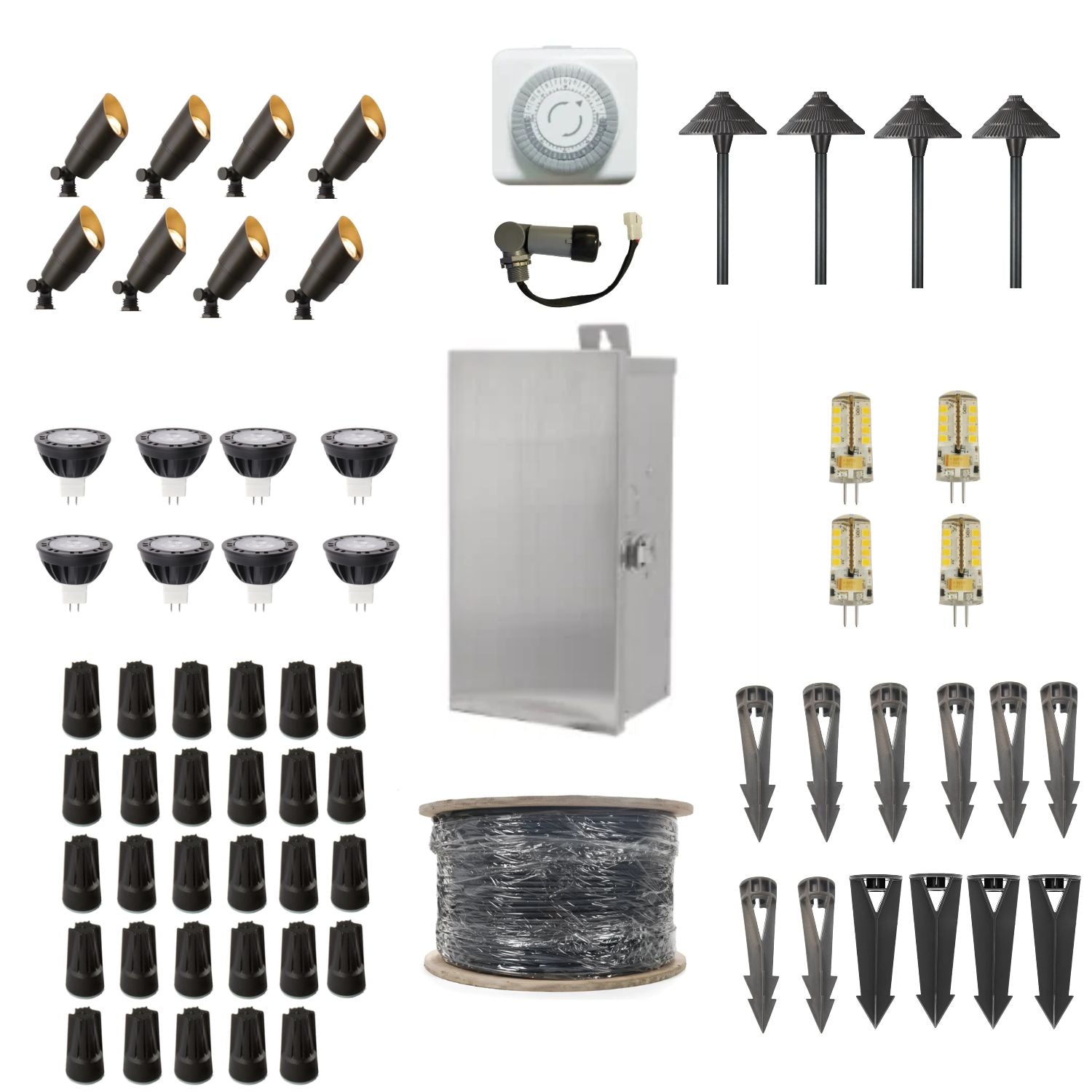 ISL 12V Die-Cast Brass LED Landscape Light Kit (8 Spotlights 4 Path Lights) | 150W Transformer with Timer or Photocell