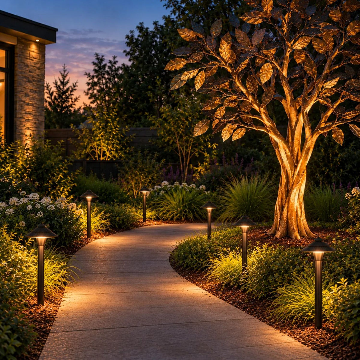 ISL 12V Die-Cast Brass LED Landscape Pathway Lighting Kit (6 Path Lights) | 150W Transformer with Timer or Photocell
