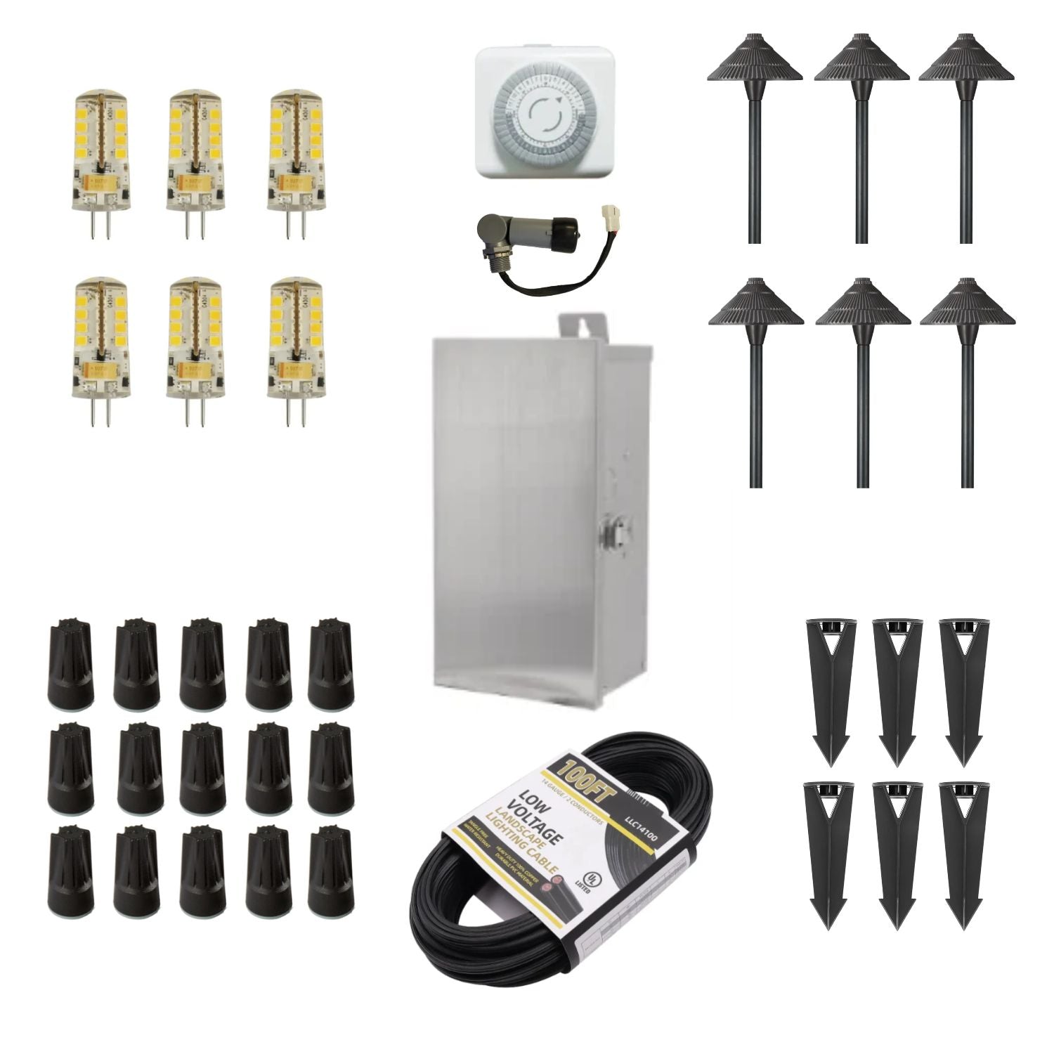 ISL 12V Die-Cast Brass LED Landscape Pathway Lighting Kit (6 Path Lights) | 150W Transformer with Timer or Photocell