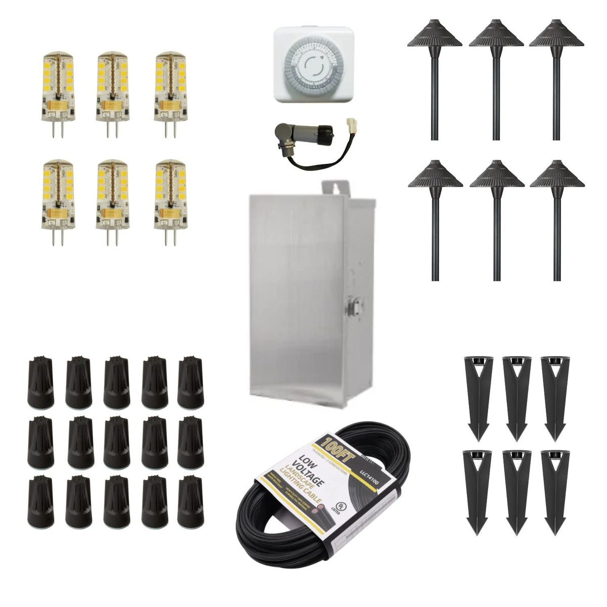 ISL 12V Die-Cast Brass LED Landscape Pathway Lighting Kit (6 Path Lights) | 150W Transformer with Timer or Photocell