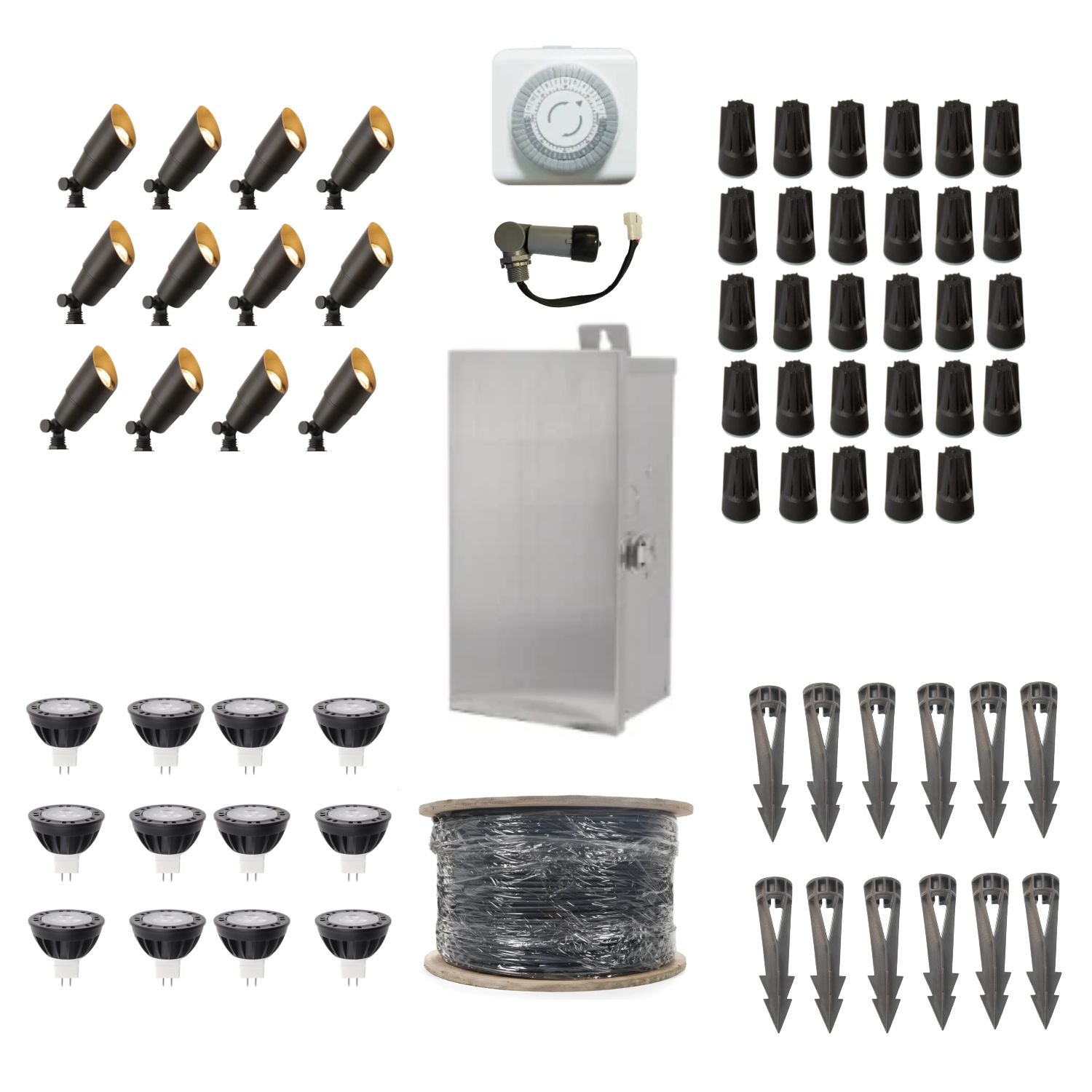 ISL 12V Die-Cast Brass Lighting LED Landscape Kit (12 Spotlights) | 300W Transformer with Timer or Photocell 250 ft