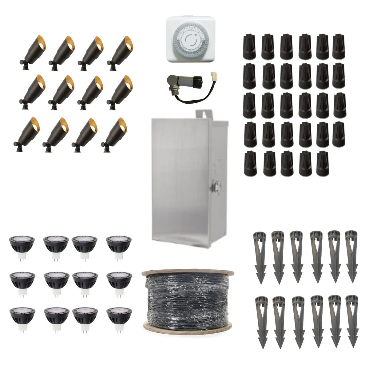 ISL 12V Die-Cast Brass Lighting LED Landscape Kit (12 Spotlights) | 300W Transformer with Timer or Photocell 250 ft