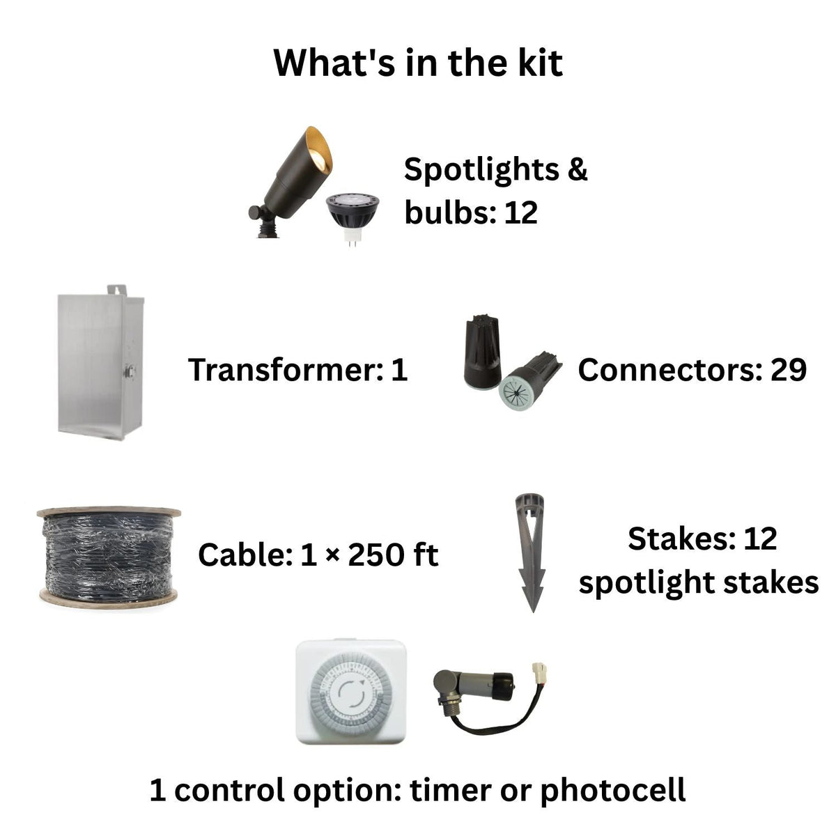 ISL 12V Die-Cast Brass Lighting LED Landscape Kit (12 Spotlights) | 300W Transformer with Timer or Photocell 250 ft