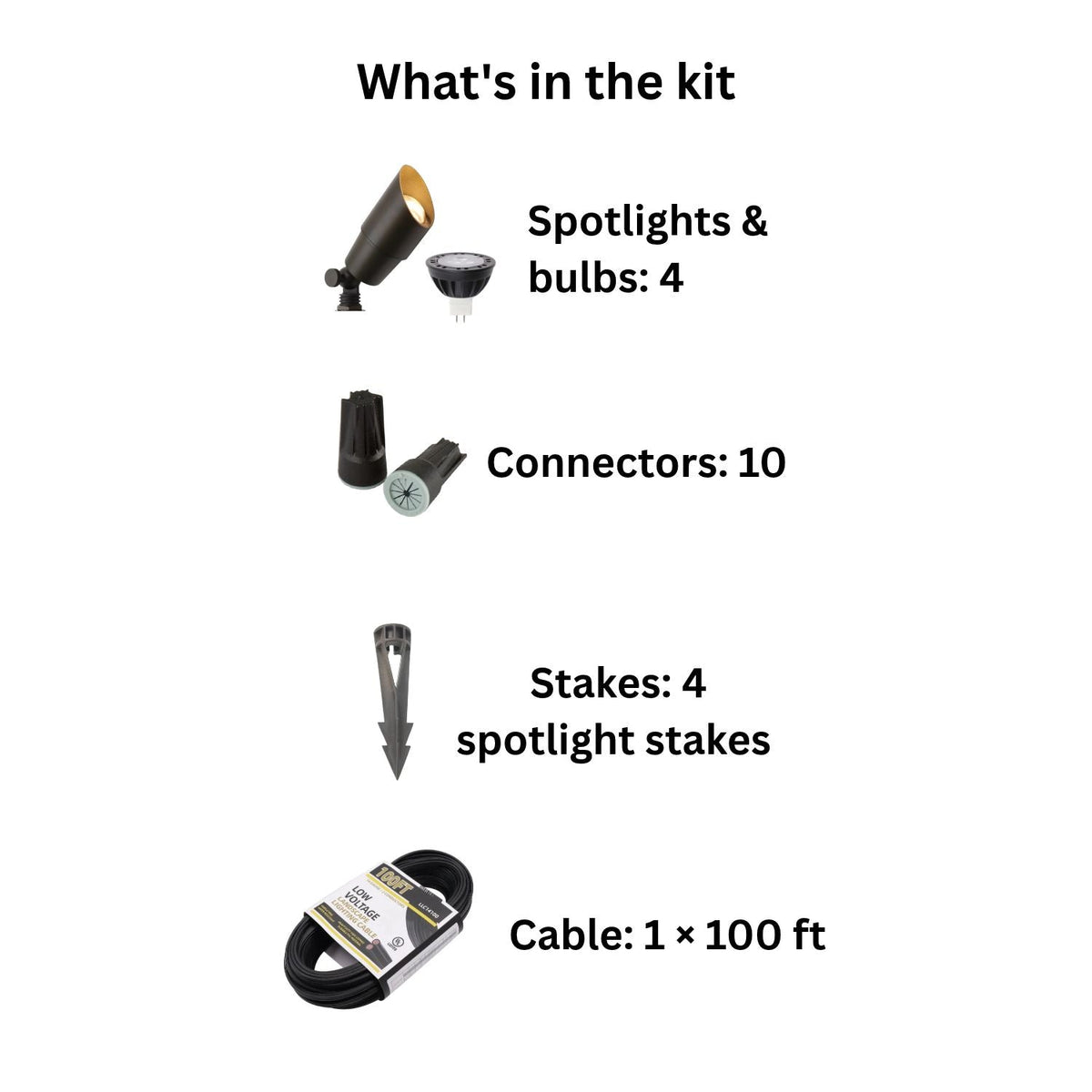 ISL 12V Die-Cast Brass LED Landscape Spotlight Expansion Pack (4 Spotlights) | 100 ft 14/2 Direct Burial Cable 2700K