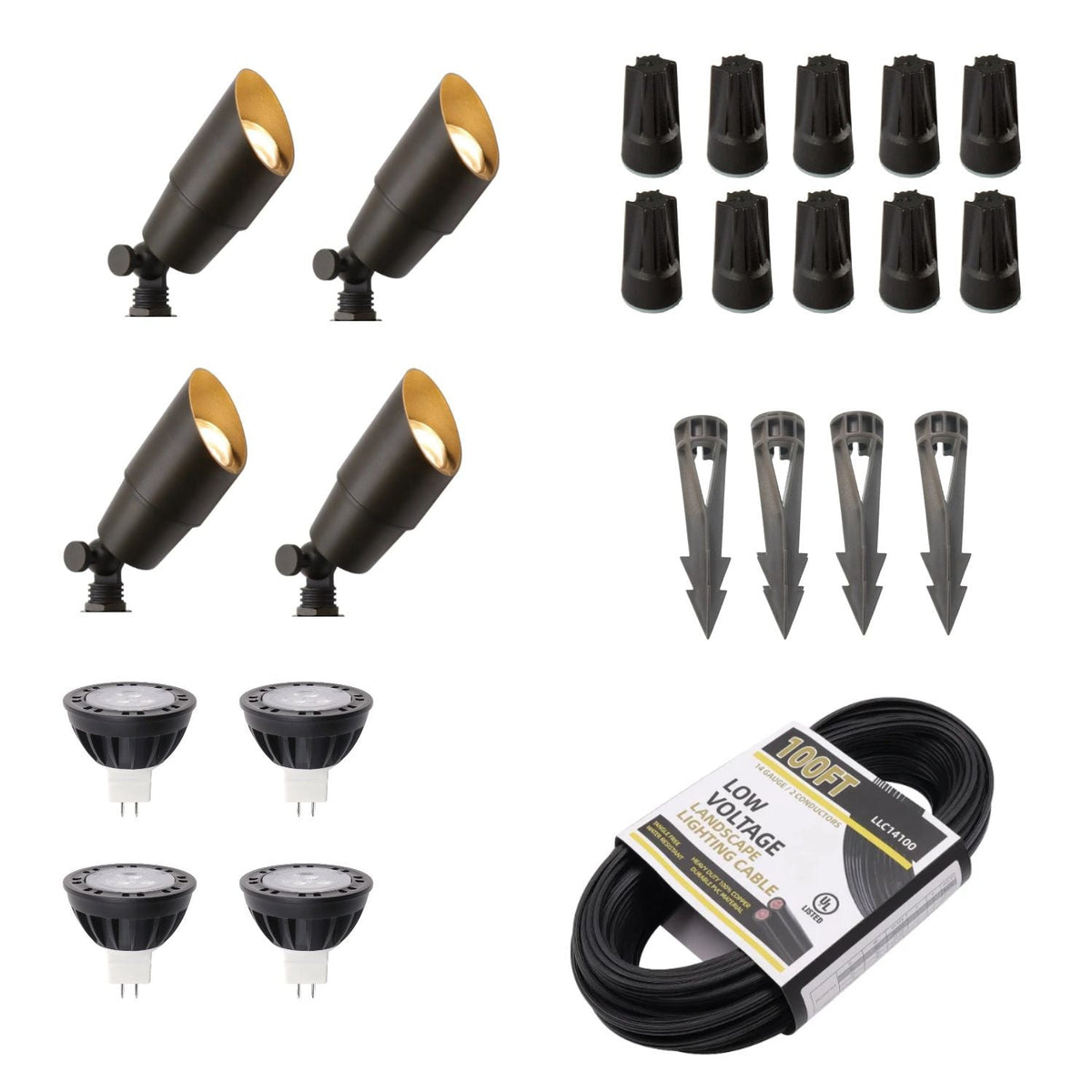 ISL 12V Die-Cast Brass LED Landscape Spotlight Expansion Pack (4 Spotlights) | 100 ft 14/2 Direct Burial Cable 2700K