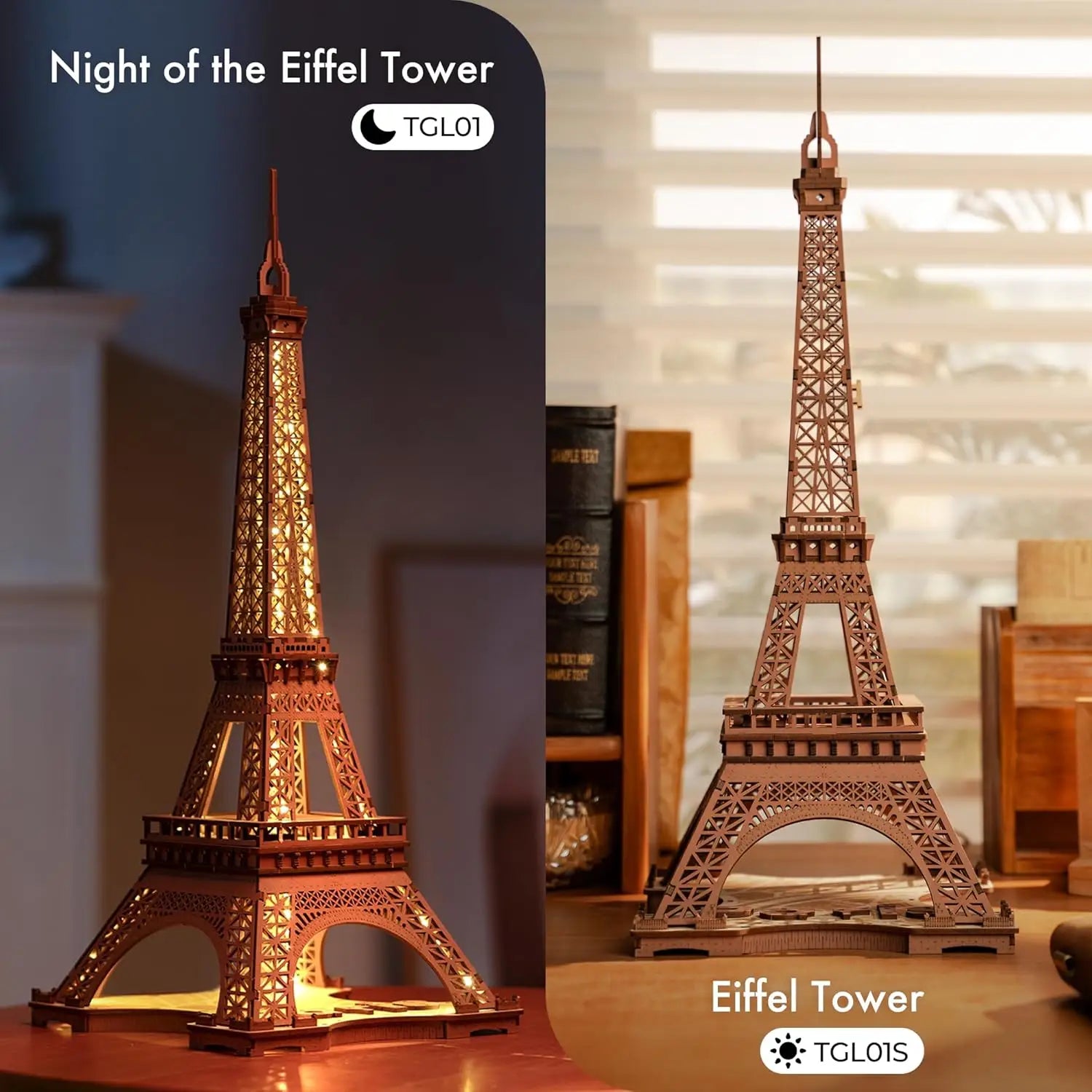 Large Wooden Puzzle with 4 Light Shows Eiffel Tower with Light for Gift - Wood - Table Lamp