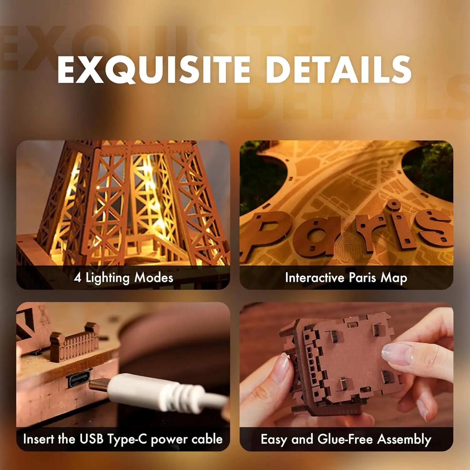 Large Wooden Puzzle with 4 Light Shows Eiffel Tower with Light for Gift - Wood - Table Lamp