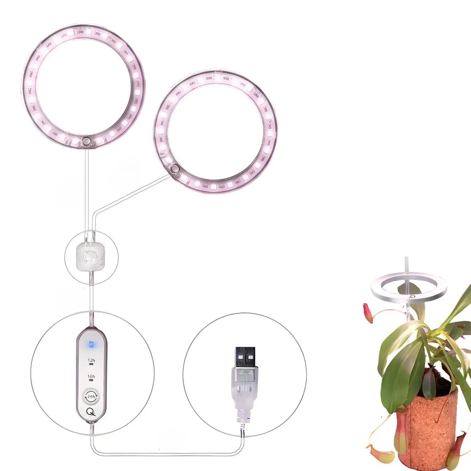 LED Grow Light Full Spectrum Angel Ring USB Lamp for Indoor Plants - Doubleheaded pink and white l - Grow light