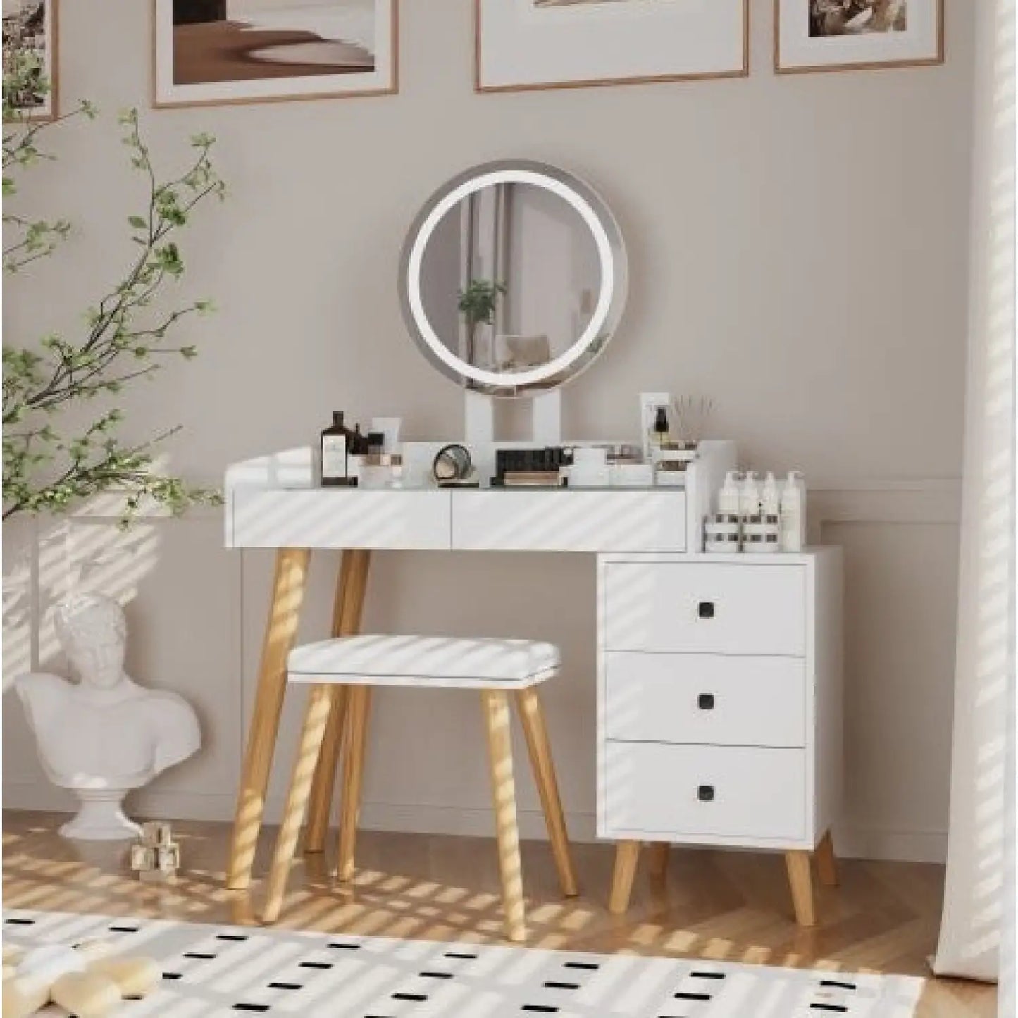 Dressing Table With LED Lights Glass Top Dressing Table With Extendable Side Table 5 Drawers Dressing Table With Mirror