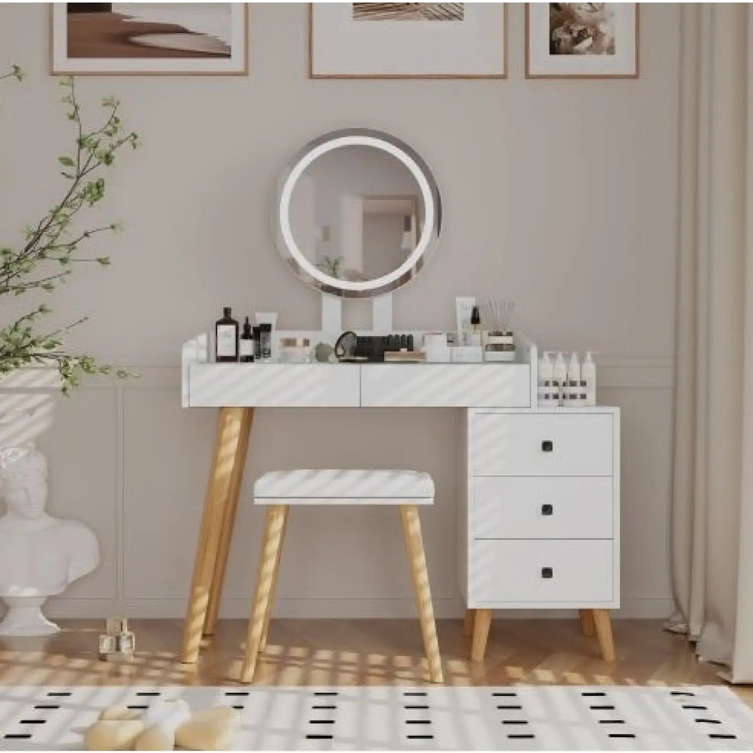 Dressing Table With LED Lights Glass Top Dressing Table With Extendable Side Table 5 Drawers Dressing Table With Mirror