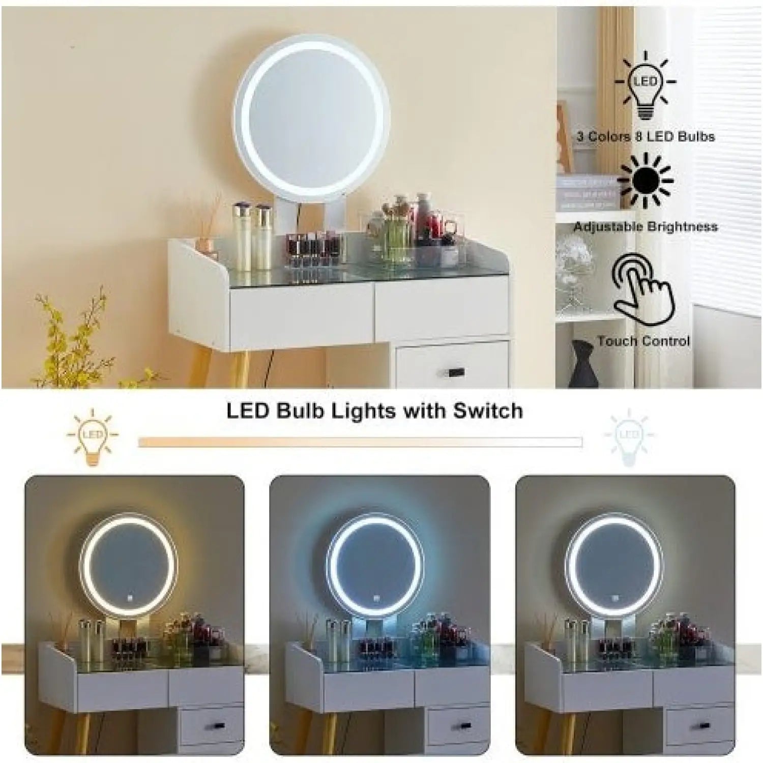 Dressing Table With LED Lights Glass Top Dressing Table With Extendable Side Table 5 Drawers Dressing Table With Mirror