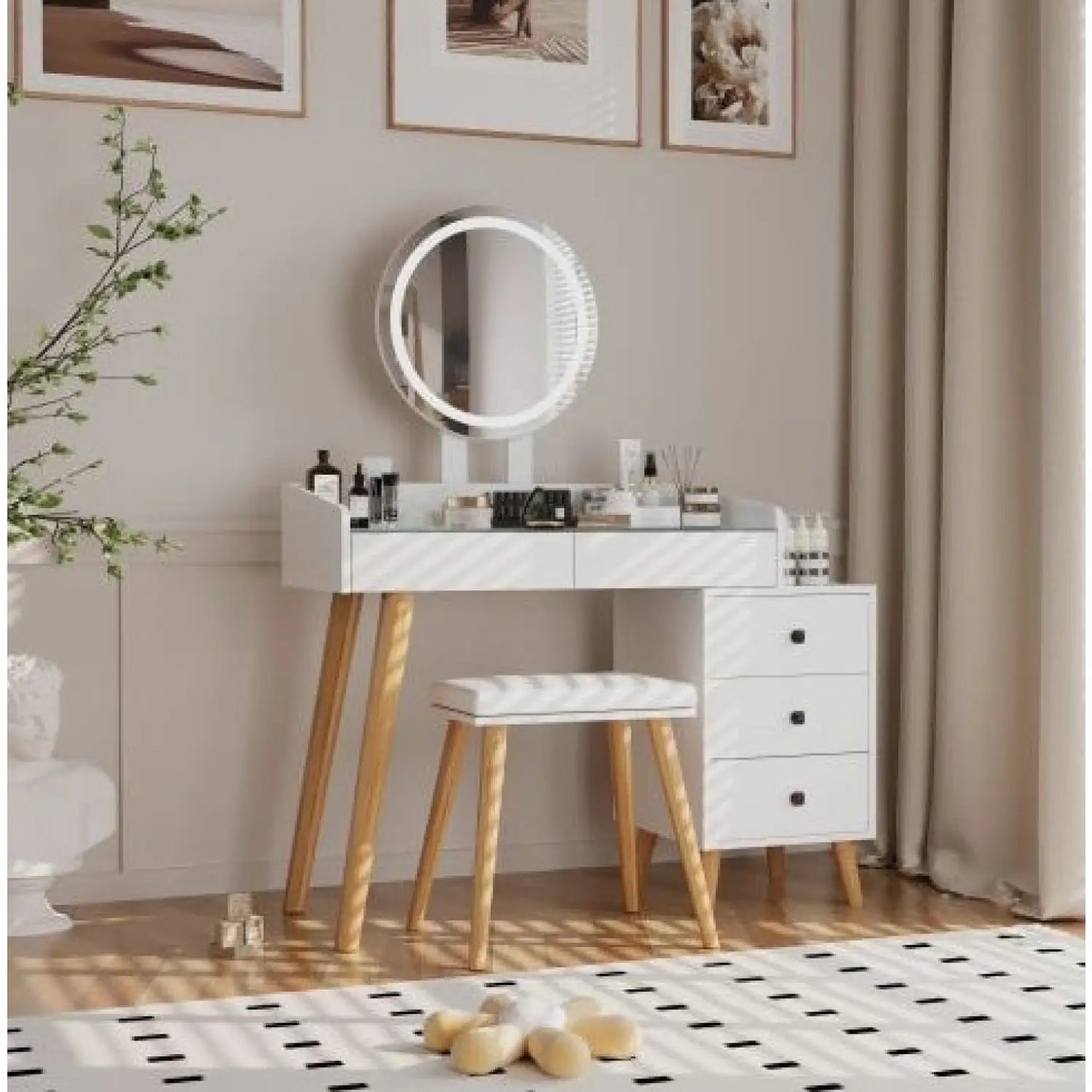 Dressing Table With LED Lights Glass Top Dressing Table With Extendable Side Table 5 Drawers Dressing Table With Mirror