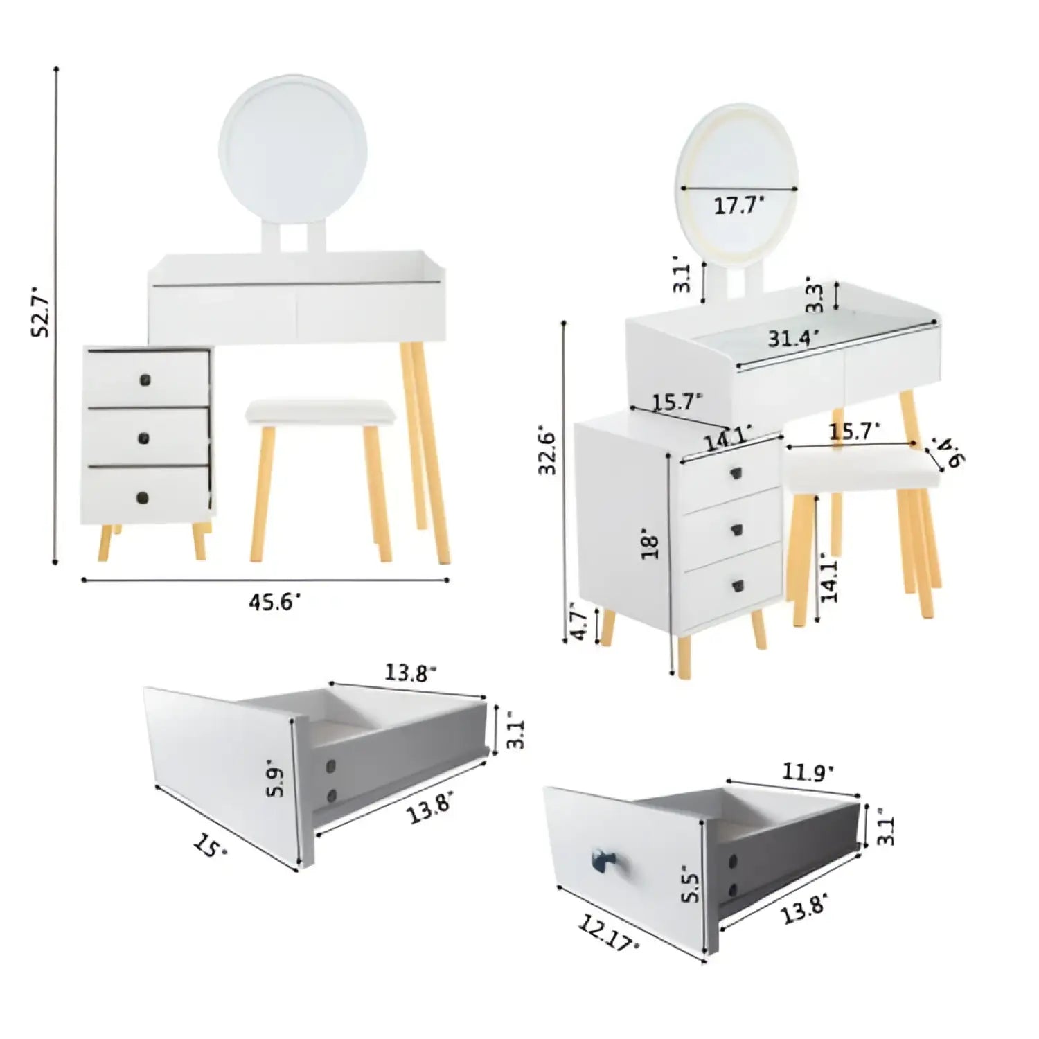 Dressing Table With LED Lights Glass Top Dressing Table With Extendable Side Table 5 Drawers Dressing Table With Mirror