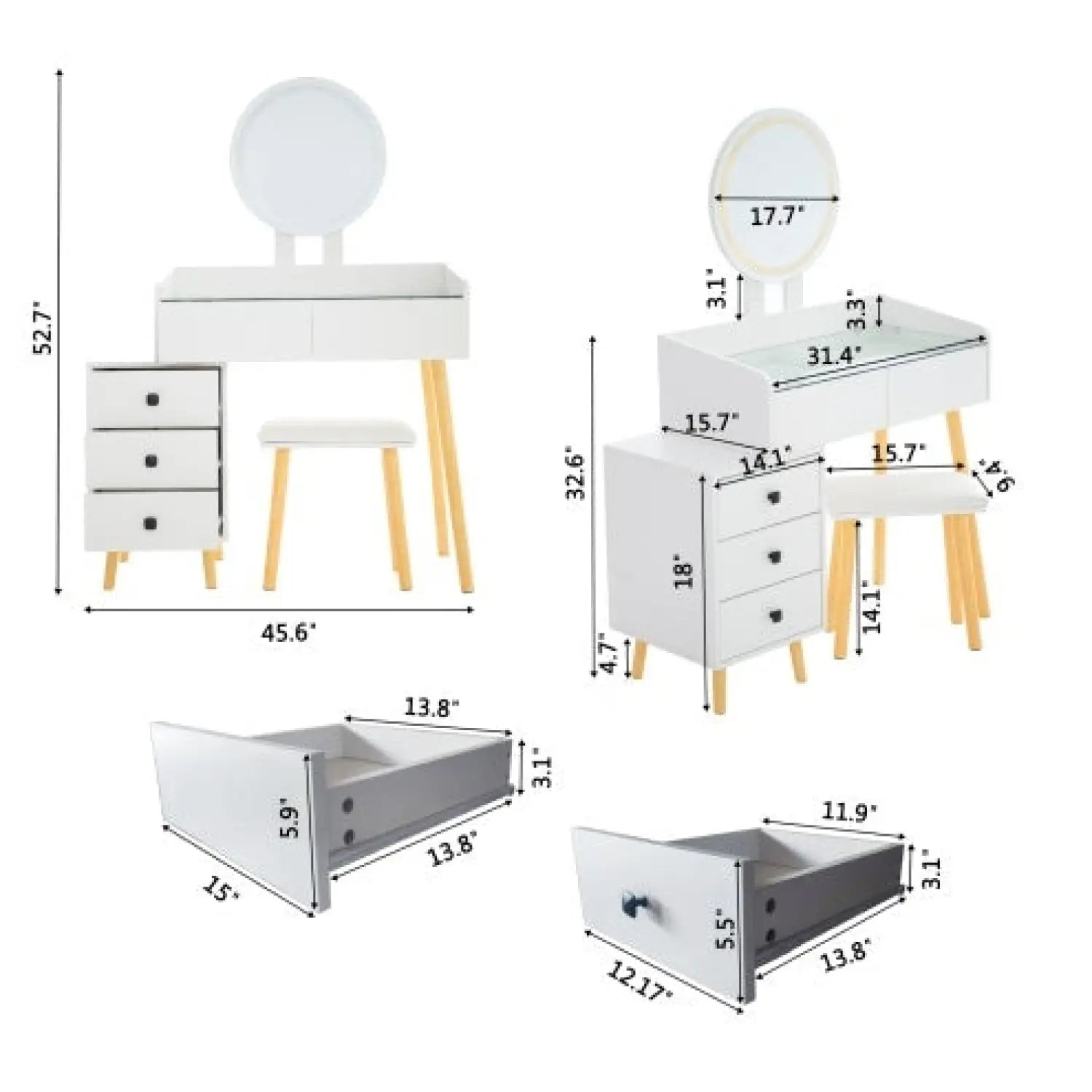 Dressing Table With LED Lights Glass Top Dressing Table With Extendable Side Table 5 Drawers Dressing Table With Mirror