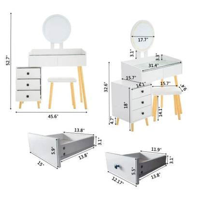 Dressing Table With LED Lights Glass Top Dressing Table With Extendable Side Table 5 Drawers Dressing Table With Mirror