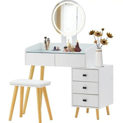 Dressing Table With LED Lights Glass Top Dressing Table With Extendable Side Table 5 Drawers Dressing Table With Mirror