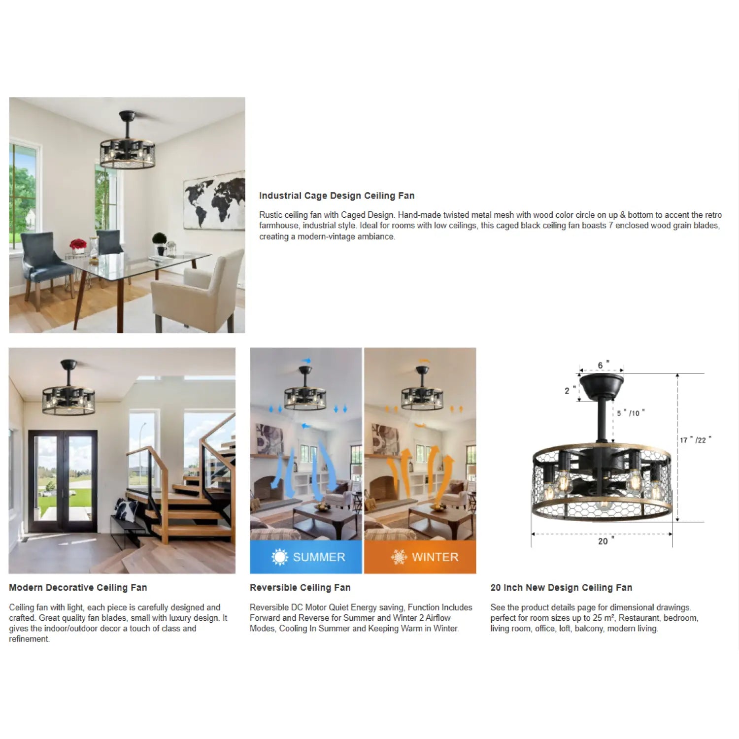 Metal ceiling fan with quiet DC motor light and remote control - Black - 12V Hanging Light