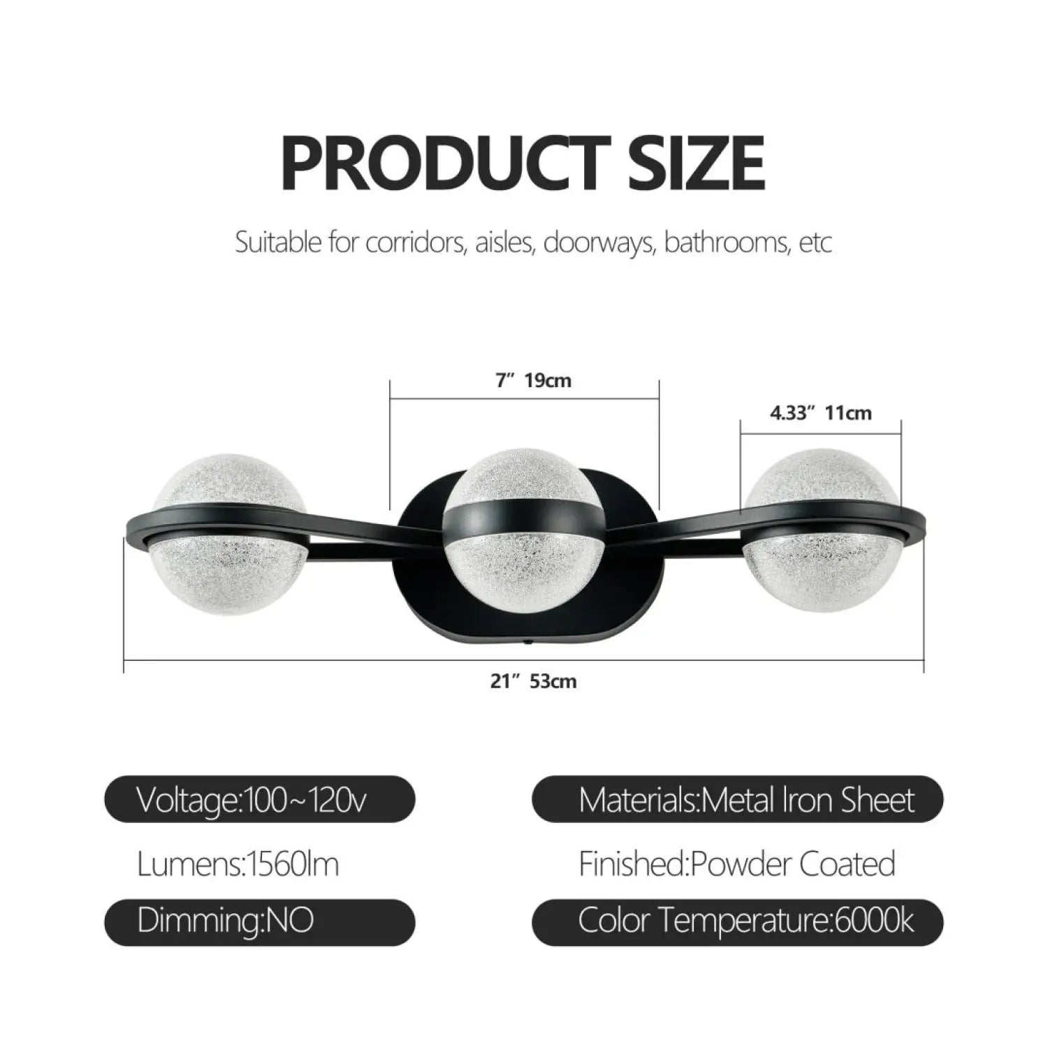 Mirror Black Vanity Light for Bathroom with 3 LED Crystal Bulbs - Indoor Wall Lights