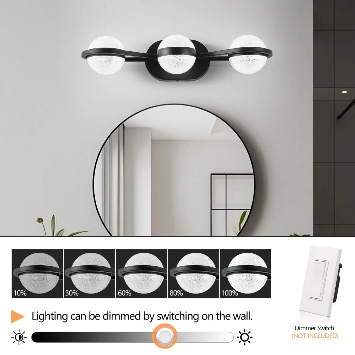 Mirror Black Vanity Light for Bathroom with 3 LED Crystal Bulbs - Indoor Wall Lights