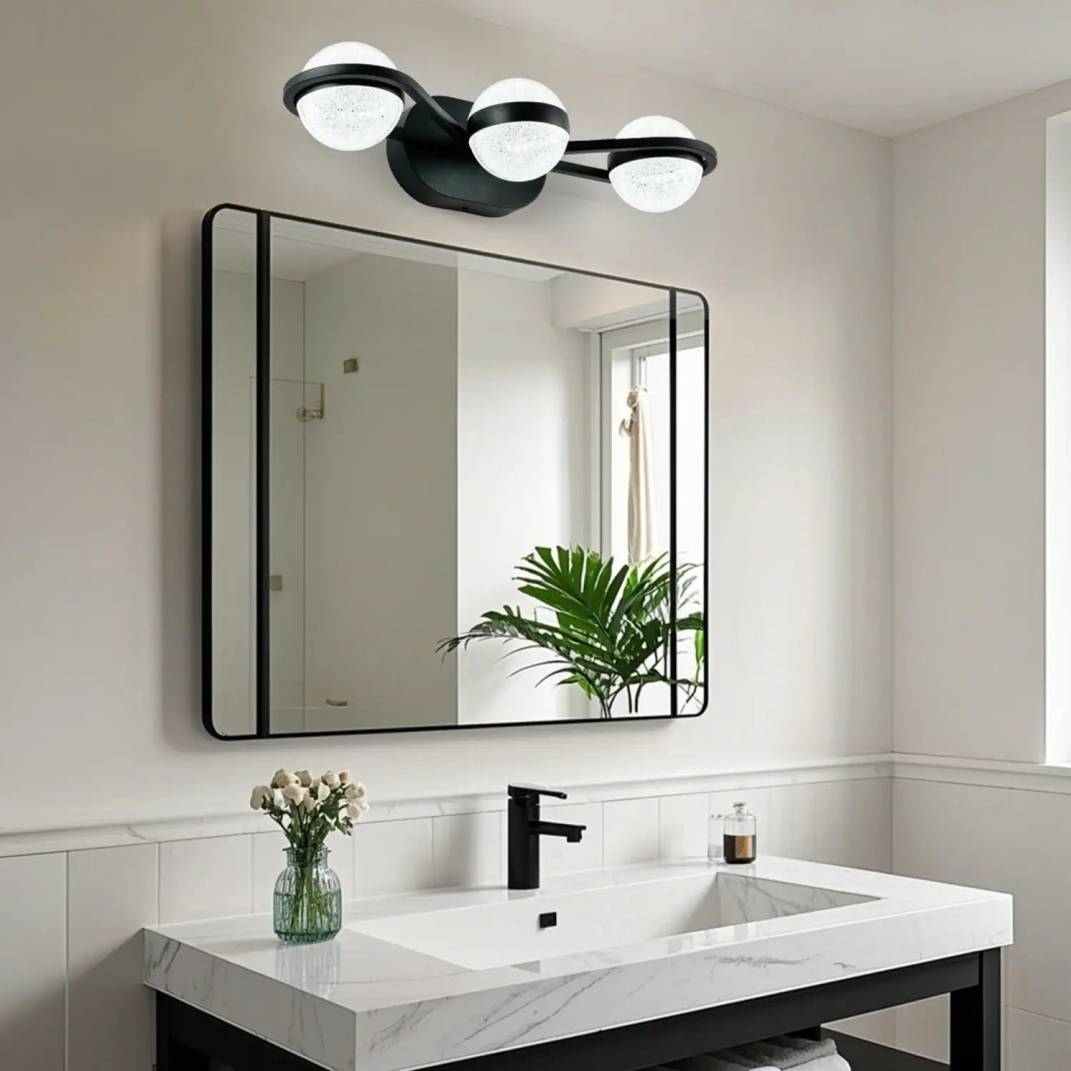 Mirror Black Vanity Light for Bathroom with 3 LED Crystal Bulbs - Indoor Wall Lights