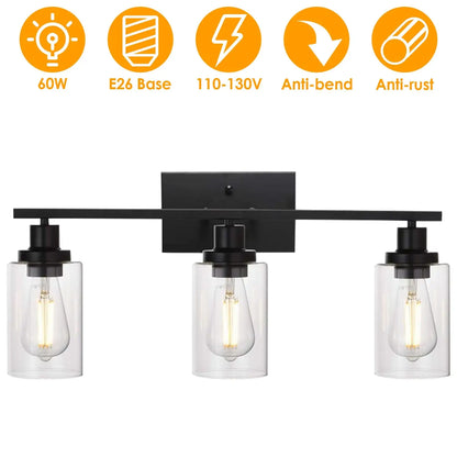 Modern 3-Light Wall Sconce Lighting with Clear Glass Shades and Matte Black Finish - 3 Heads - Wall Lights