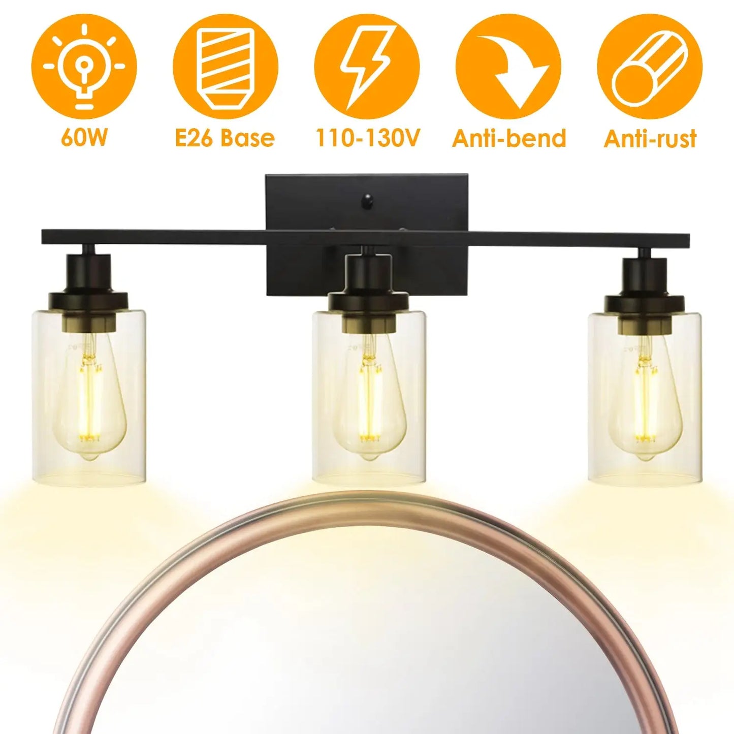 Modern 3-Light Wall Sconce Lighting with Clear Glass Shades and Matte Black Finish - 3 Heads - Wall Lights