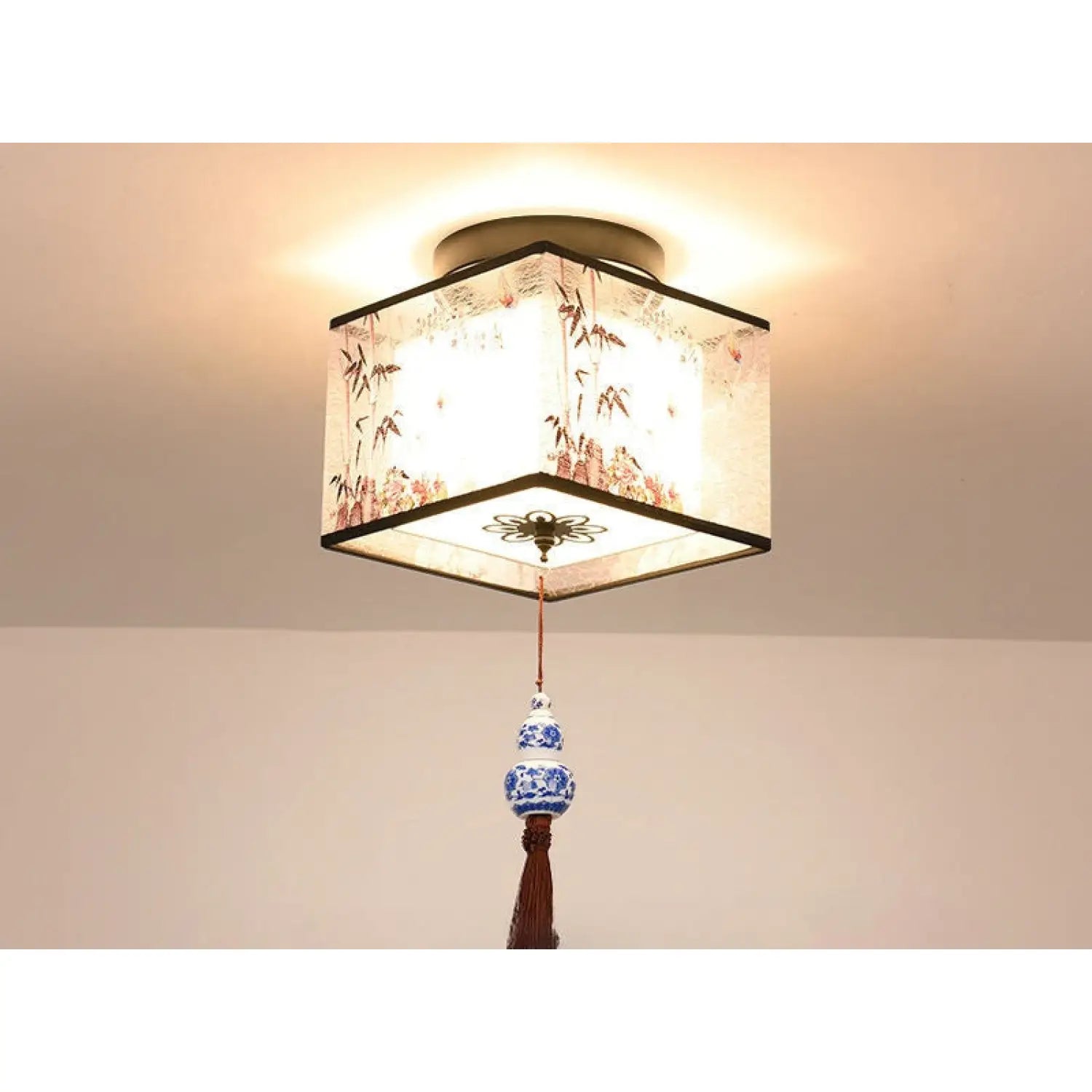 Modern Ceiling Lamp for Living Room with Soft Fabric Shade - Bamboo leaves square tassel / LED warm light - 12V Hanging