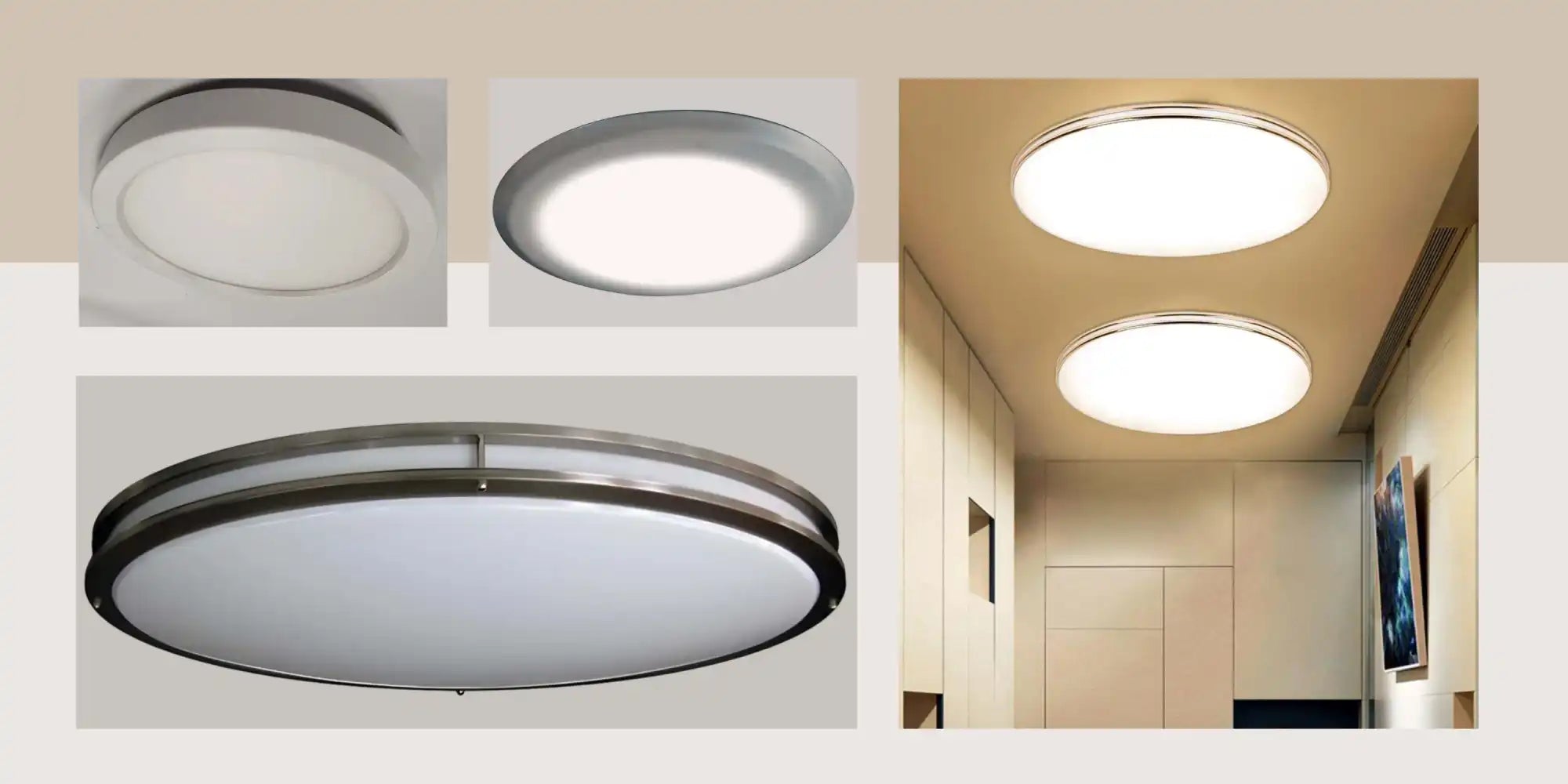 Modern circular LED ceiling light fixtures with sleek metallic frames.