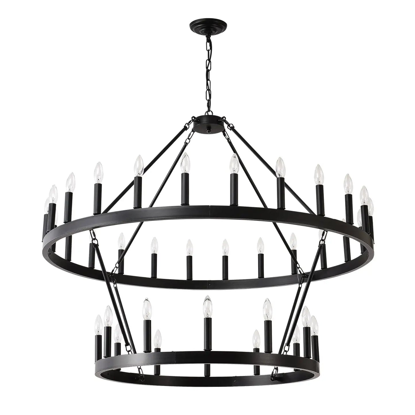 2 Tiers Wagon Wheel Chandelier Wooden Farmhouse 36 Light Black Metal Chandeliers 2 Story Light Fixtures Industrial