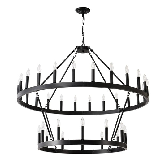 2 Tiers Wagon Wheel Chandelier Wooden Farmhouse 36 Light Black Metal Chandeliers 2 Story Light Fixtures Industrial