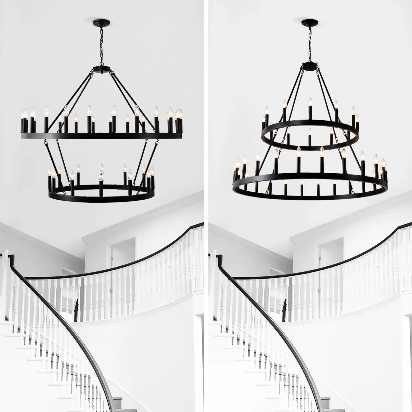 2 Tiers Wagon Wheel Chandelier Wooden Farmhouse 36 Light Black Metal Chandeliers 2 Story Light Fixtures Industrial