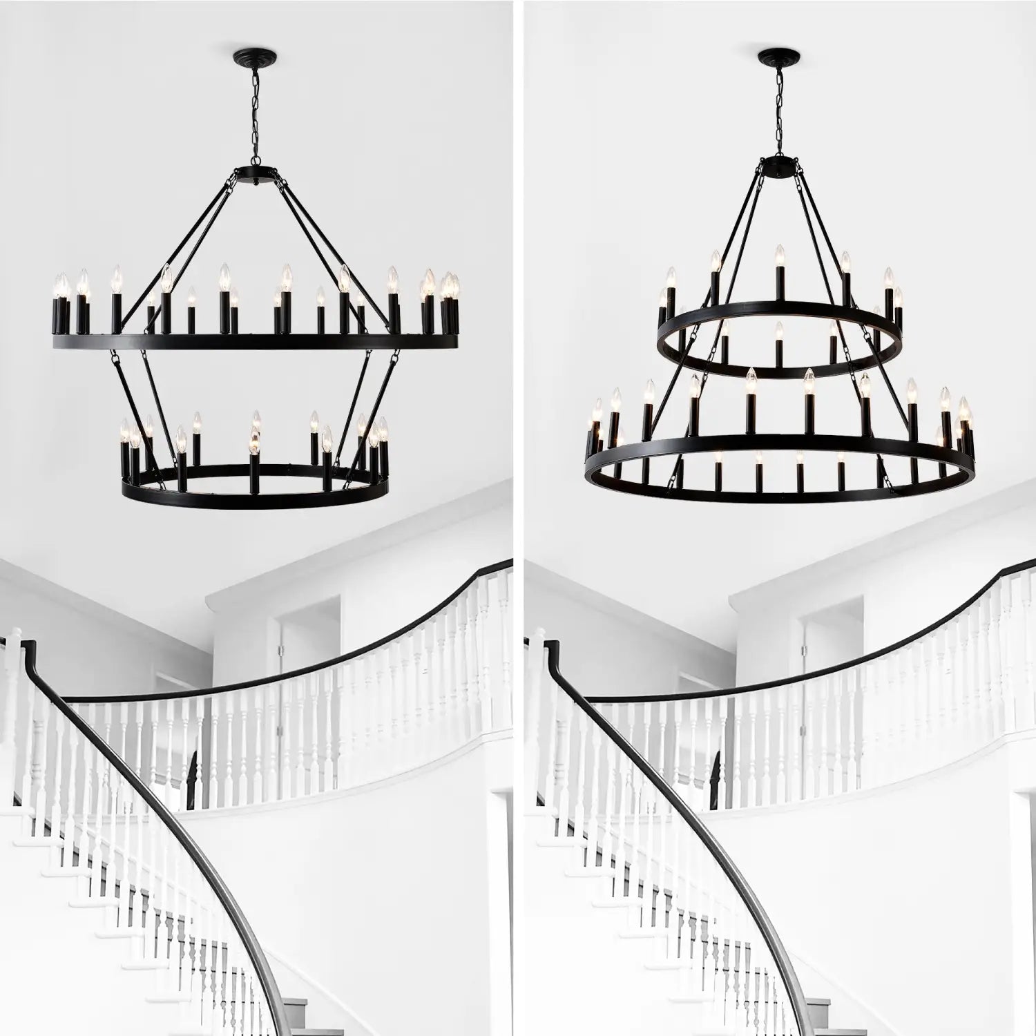 2 Tiers Wagon Wheel Chandelier Wooden Farmhouse 36 Light Black Metal Chandeliers 2 Story Light Fixtures Industrial