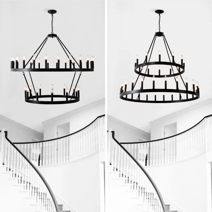 2 Tiers Wagon Wheel Chandelier Wooden Farmhouse 36 Light Black Metal Chandeliers 2 Story Light Fixtures Industrial