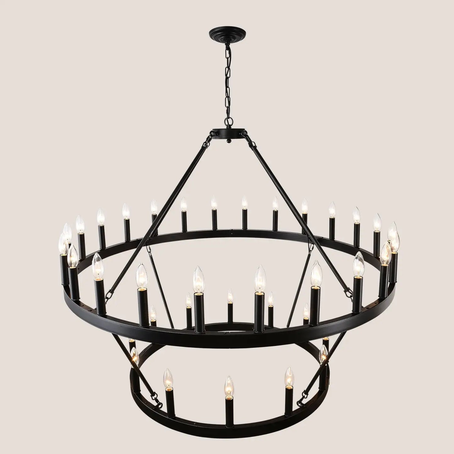 2 Tiers Wagon Wheel Chandelier Wooden Farmhouse 36 Light Black Metal Chandeliers 2 Story Light Fixtures Industrial
