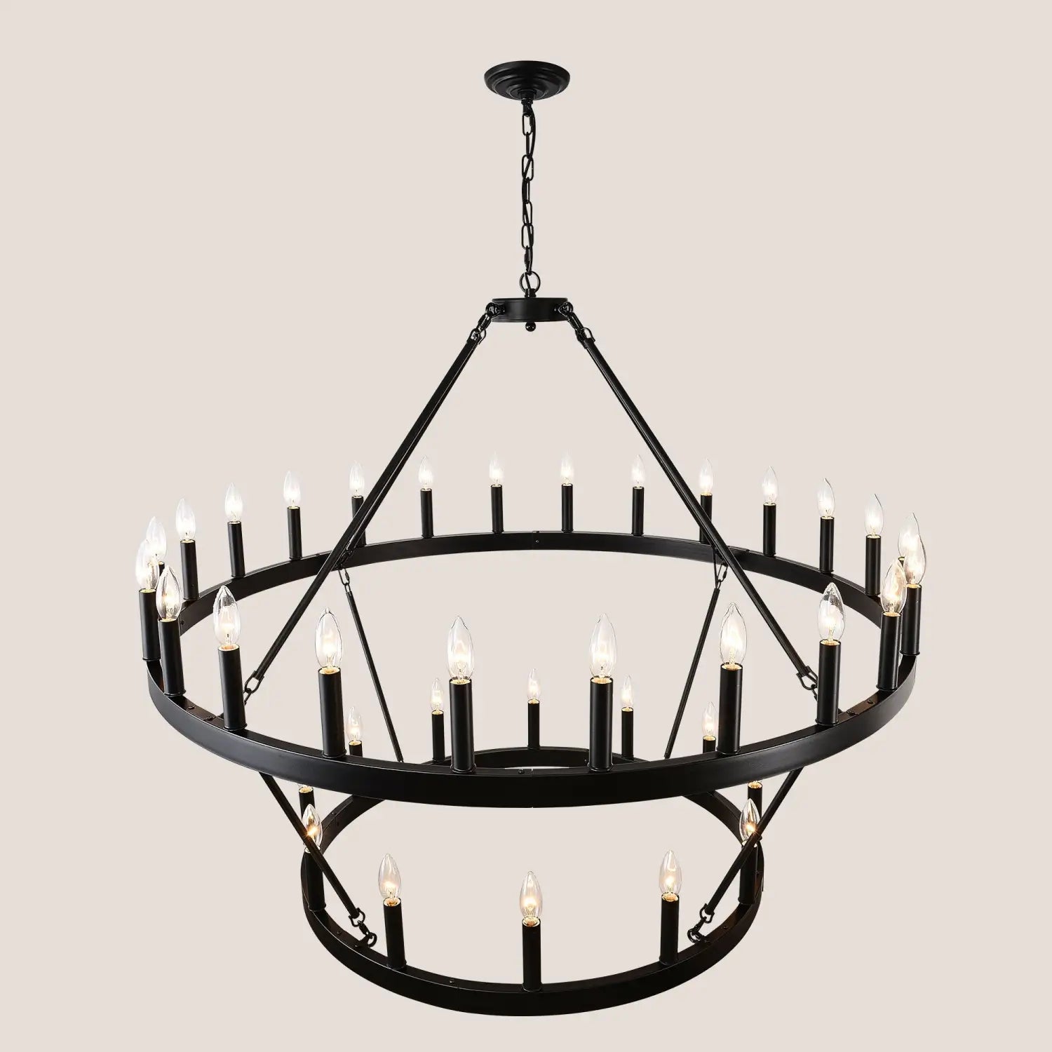 2 Tiers Wagon Wheel Chandelier Wooden Farmhouse 36 Light Black Metal Chandeliers 2 Story Light Fixtures Industrial